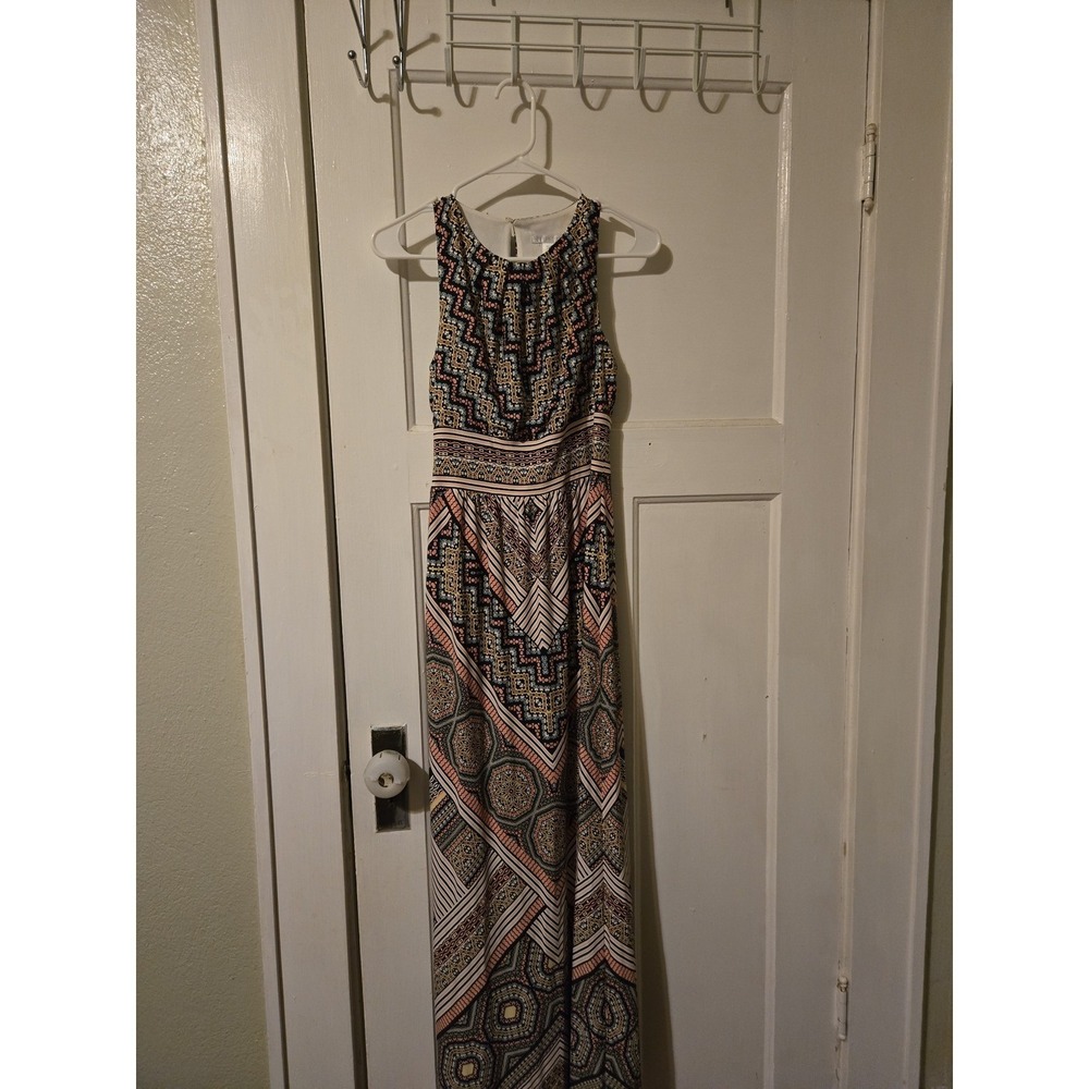 London Times Sleeveless Maxi Dress Geometric Medallion Print Halter Neck Size 4